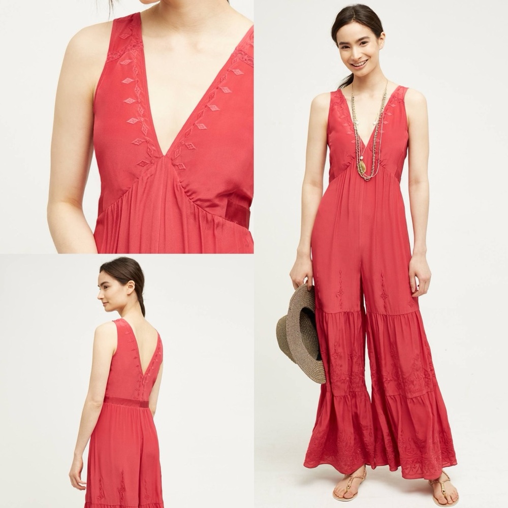Anthro Elevenses Vibrant Fuchsia Hot Pink Embroidered V-Neck Jumpsuit Size L